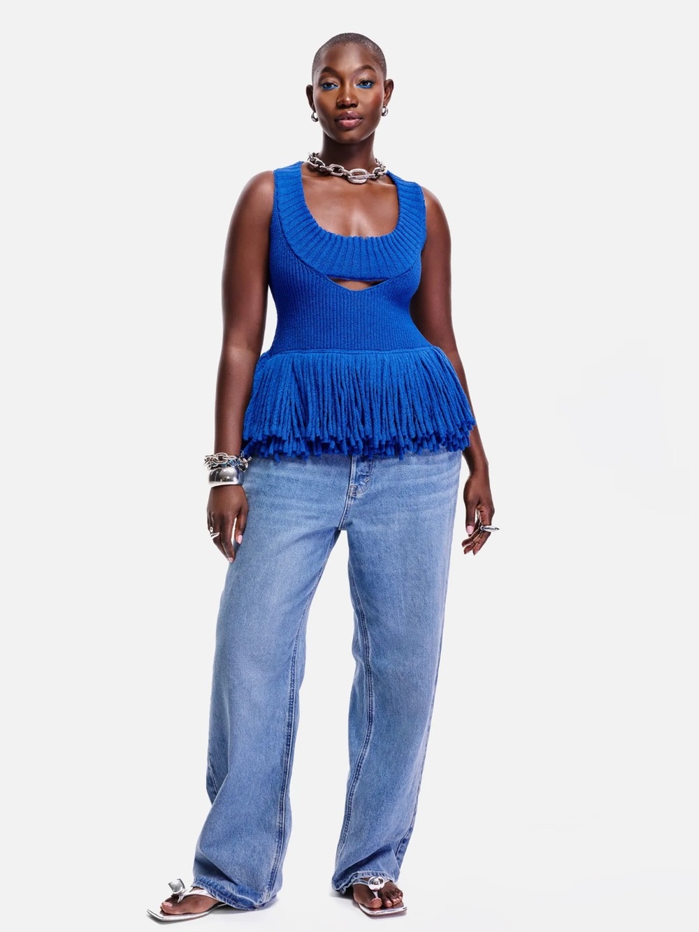 Niyah Tank Top - Hanifa - Blue Knit Fringe Sleeveless Sweater Vest
